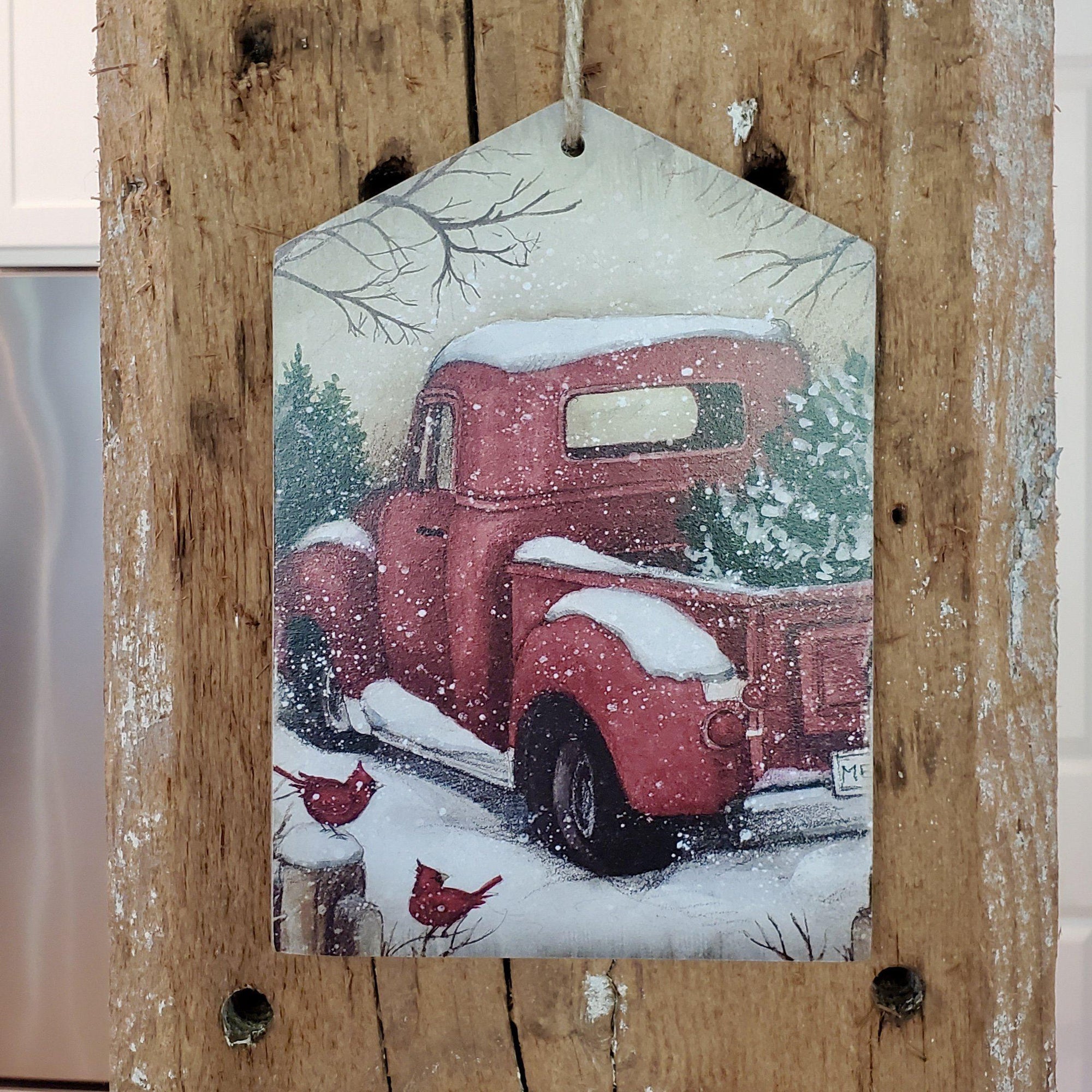 Red Christmas Truck with Cardinals Hanger - A Rustic Feeling