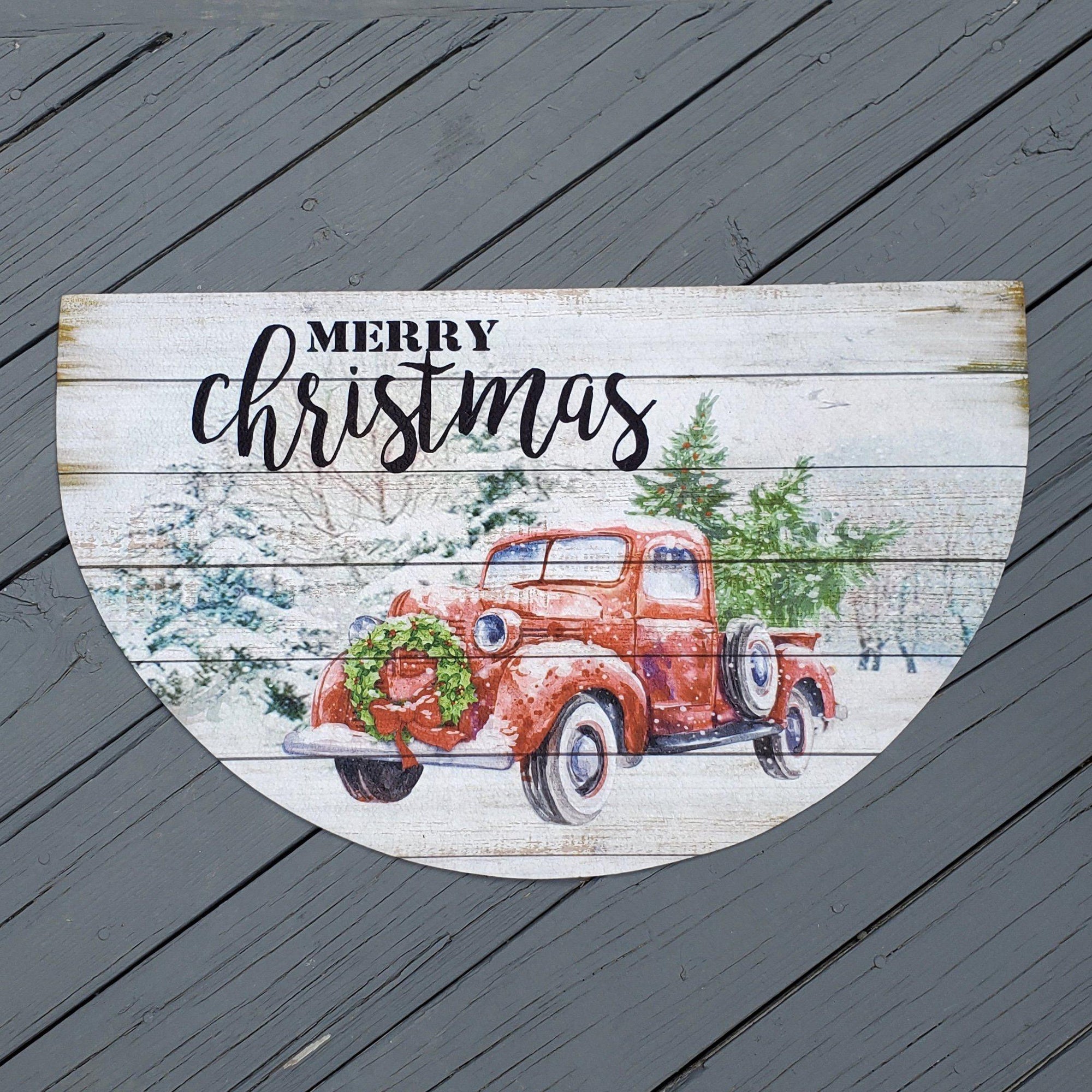 Red Vintage Truck Merry Christmas Welcome Mat - A Rustic Feeling