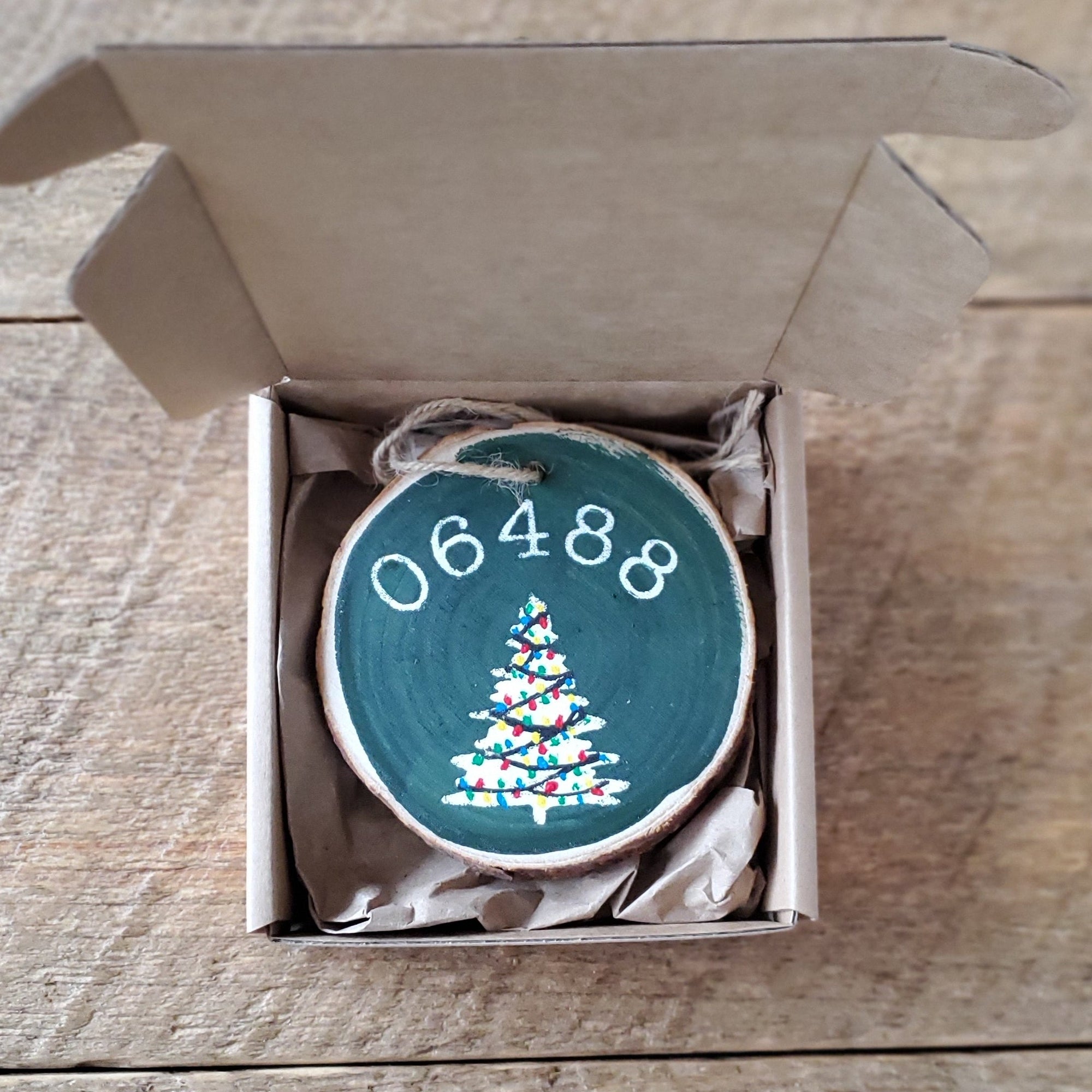 Custom Holiday Christmas Ornament with Zip Code and Christmas Tree with lights. Personalize with zip code