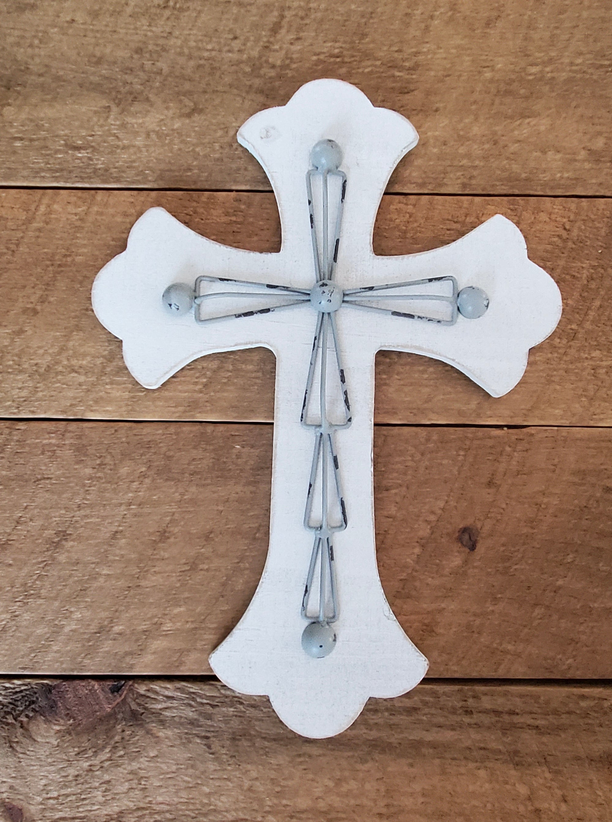 Wooden Cross with Gray Metal Accent