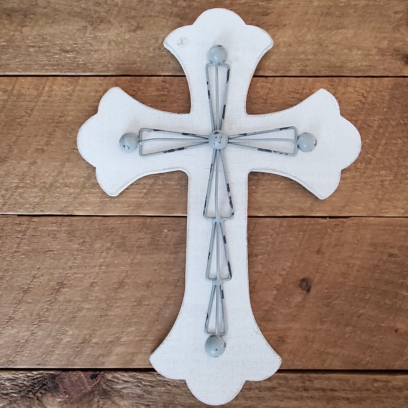 Wooden Cross with Gray Metal Accent
