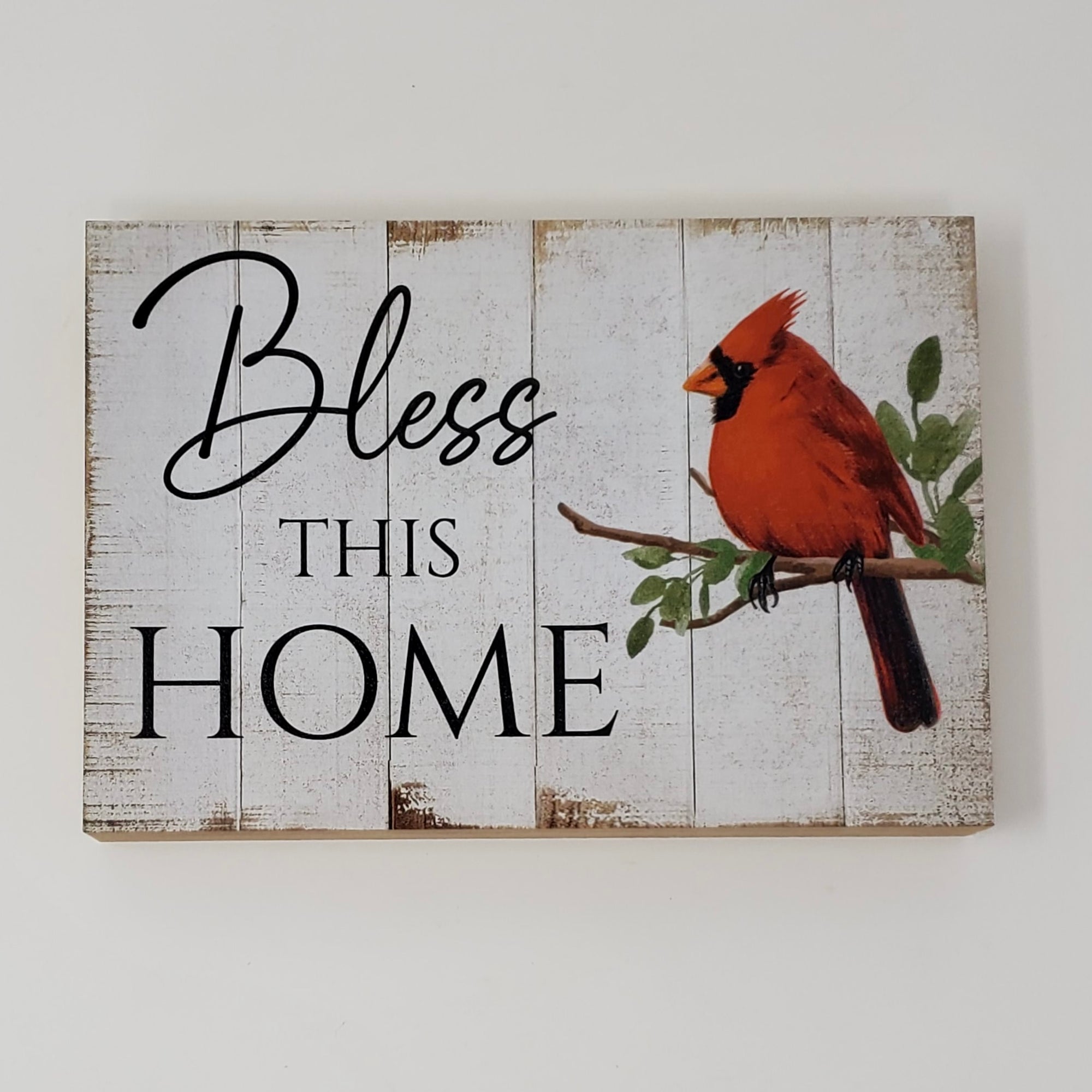 Bless This Home Cardinal Block – Rustic Wooden Shelf Sitter