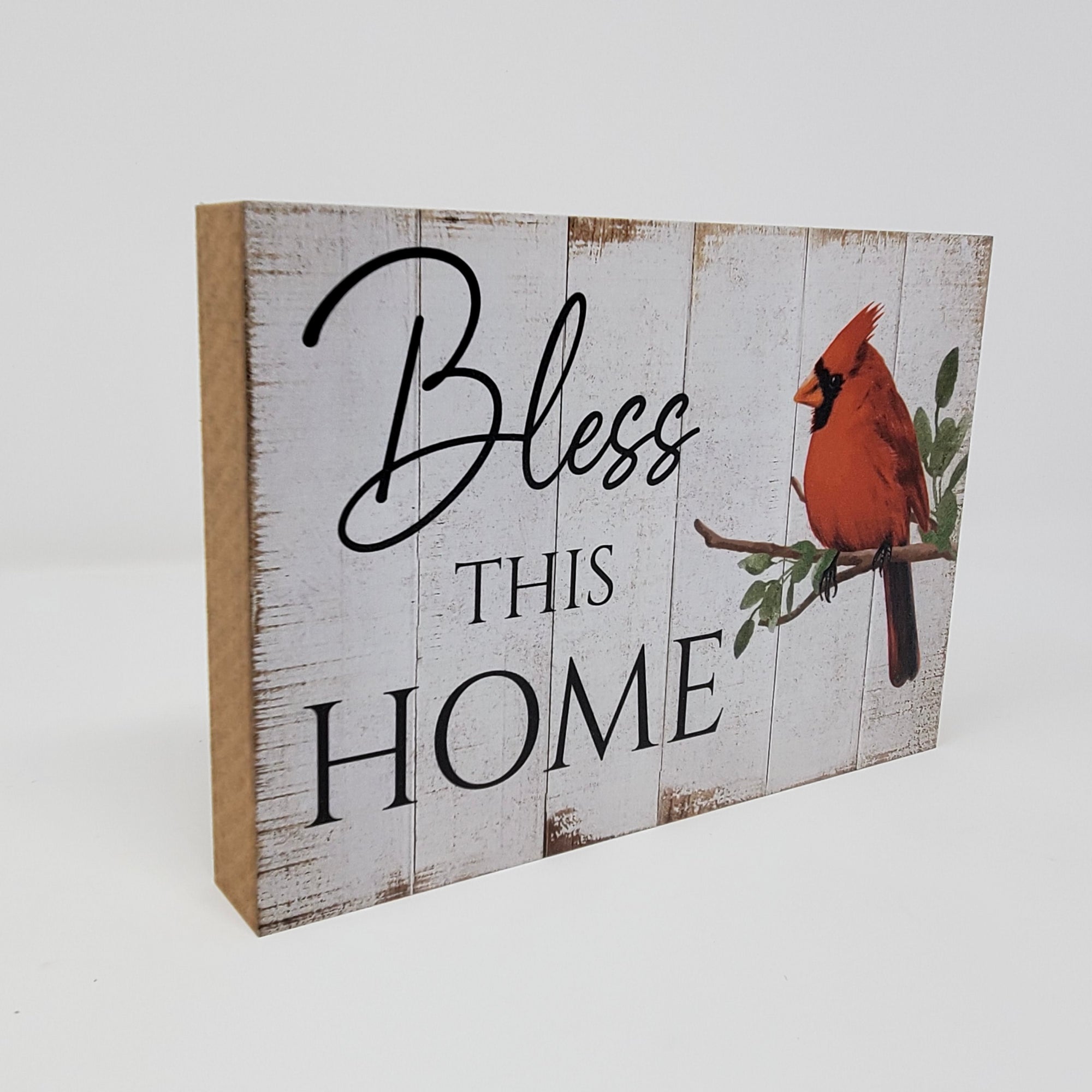 Bless This Home Cardinal Block – Rustic Wooden Shelf Sitter