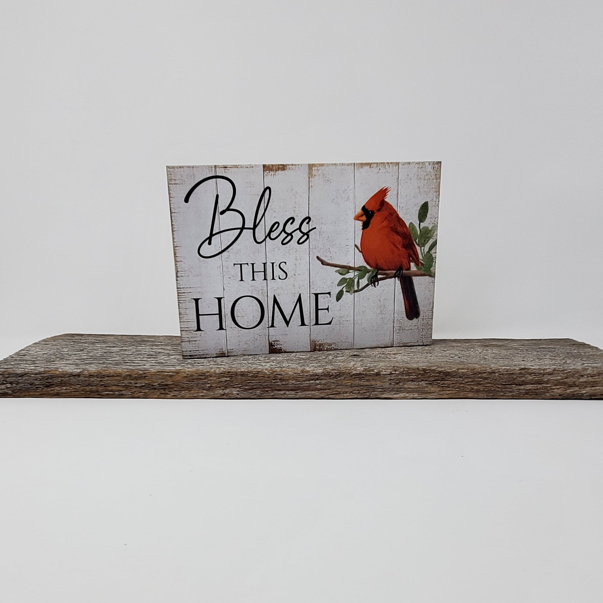 Bless This Home Cardinal Block – Rustic Wooden Shelf Sitter