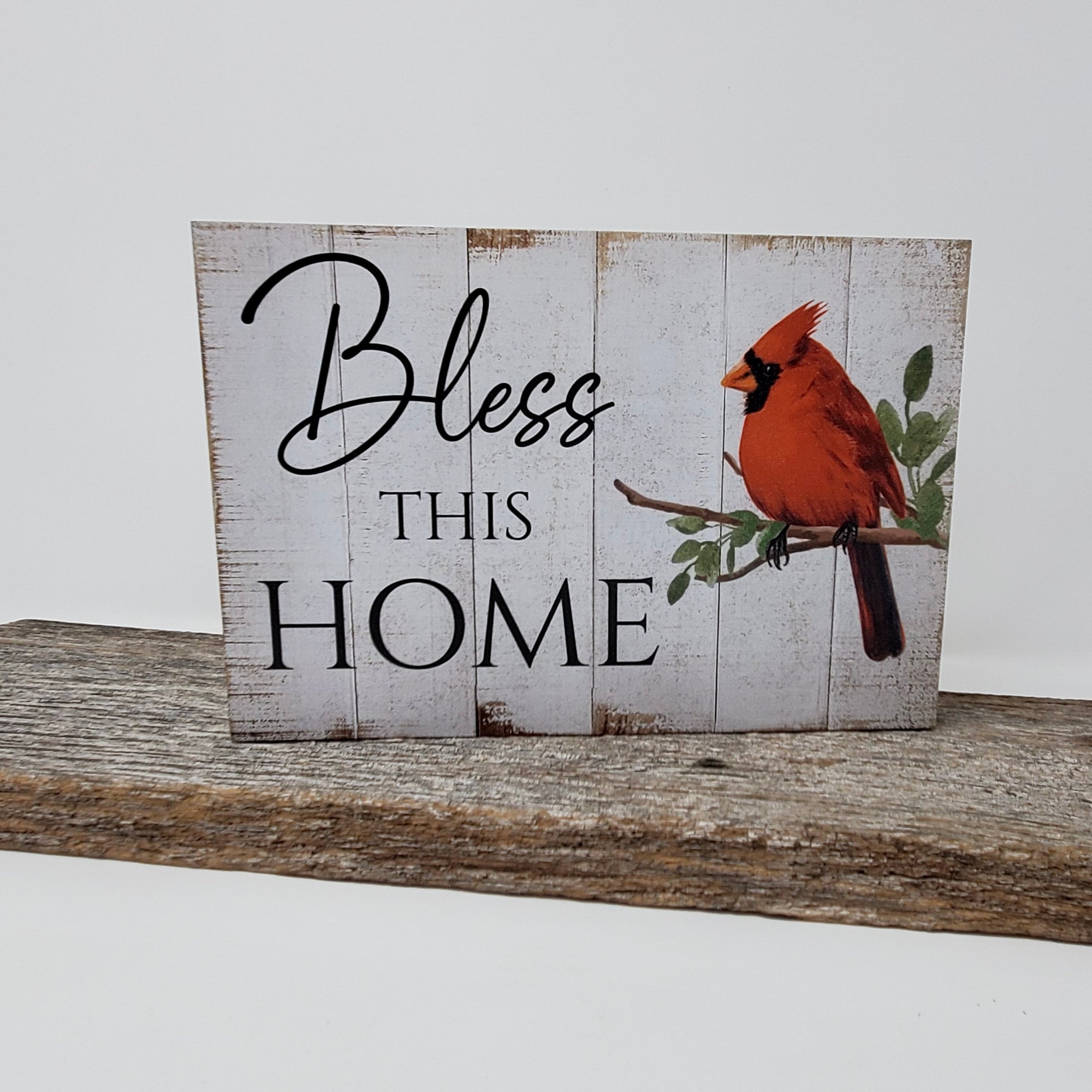Bless This Home Cardinal Block – Rustic Wooden Shelf Sitter