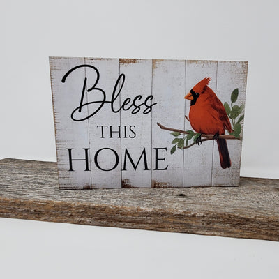 Bless This Home Cardinal Block – Rustic Wooden Shelf Sitter