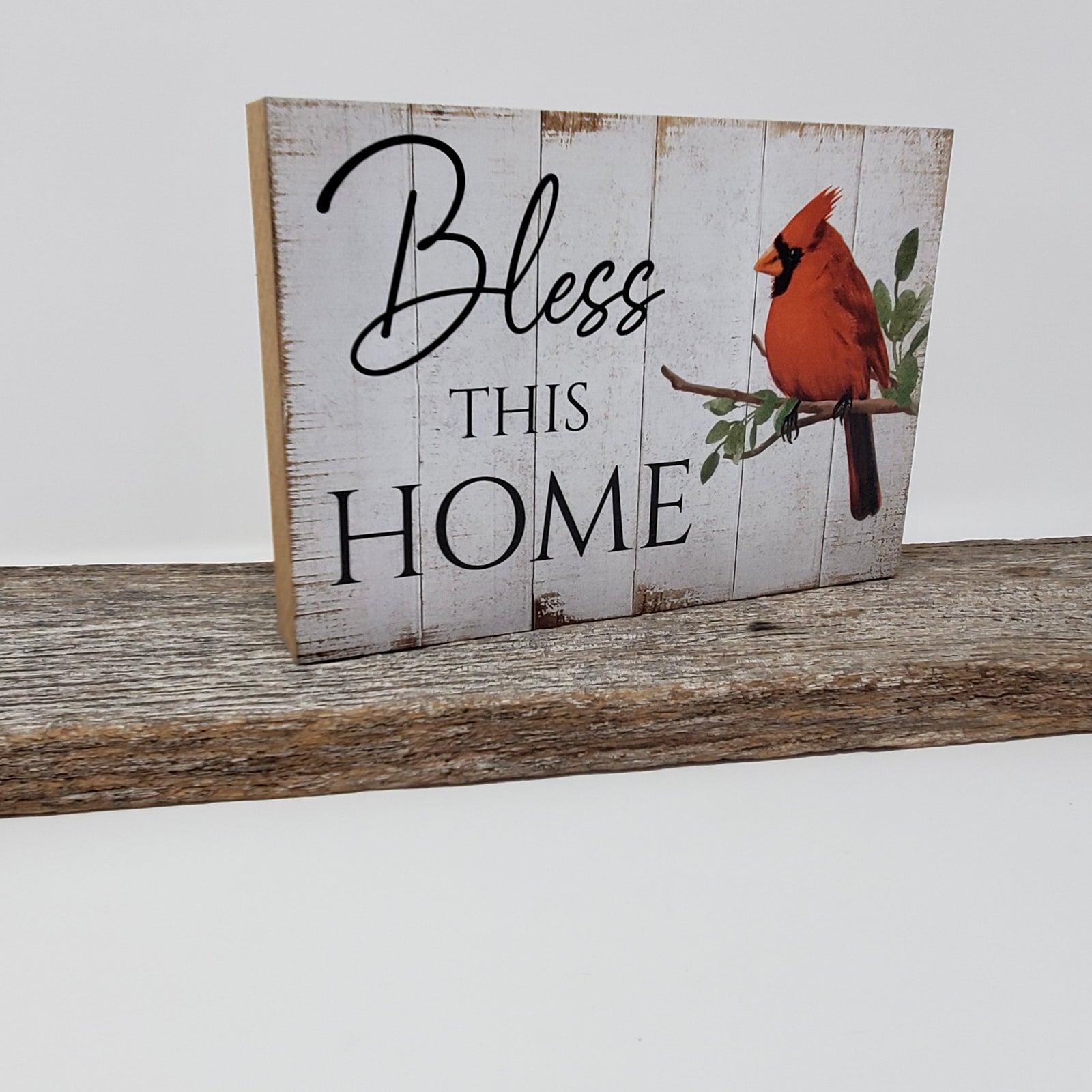 Bless This Home Cardinal Block – Rustic Wooden Shelf Sitter