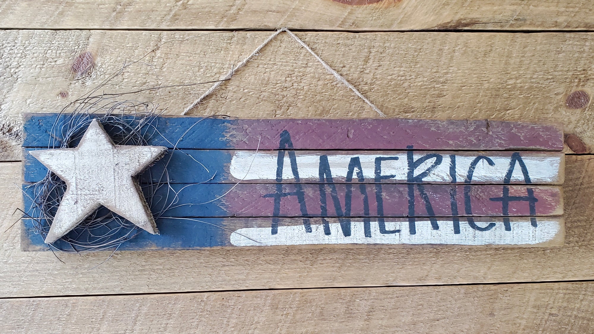 🇺🇸 Lath “America” Flag with Wood Star – 24" x 6" | Made in the USA