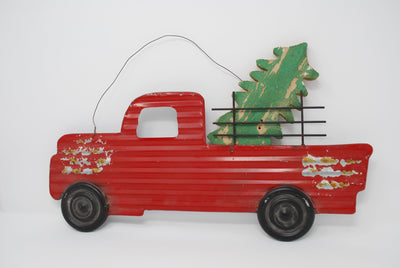 Vintage Red Truck Sign with Christmas Tree - A Rustic Feeling