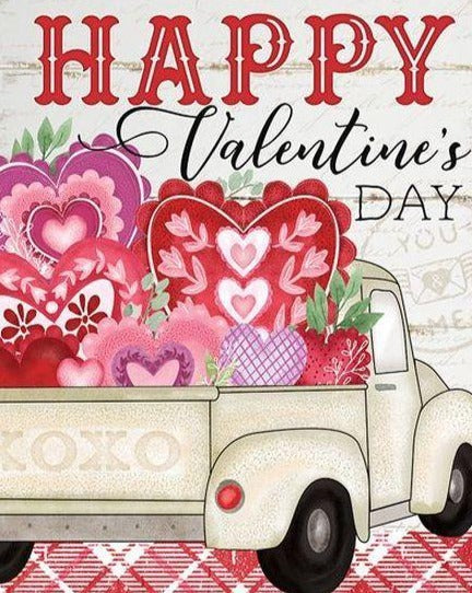 Valentine's Day Sign with a Vintage Truck and Hearts - A Rustic Feeling