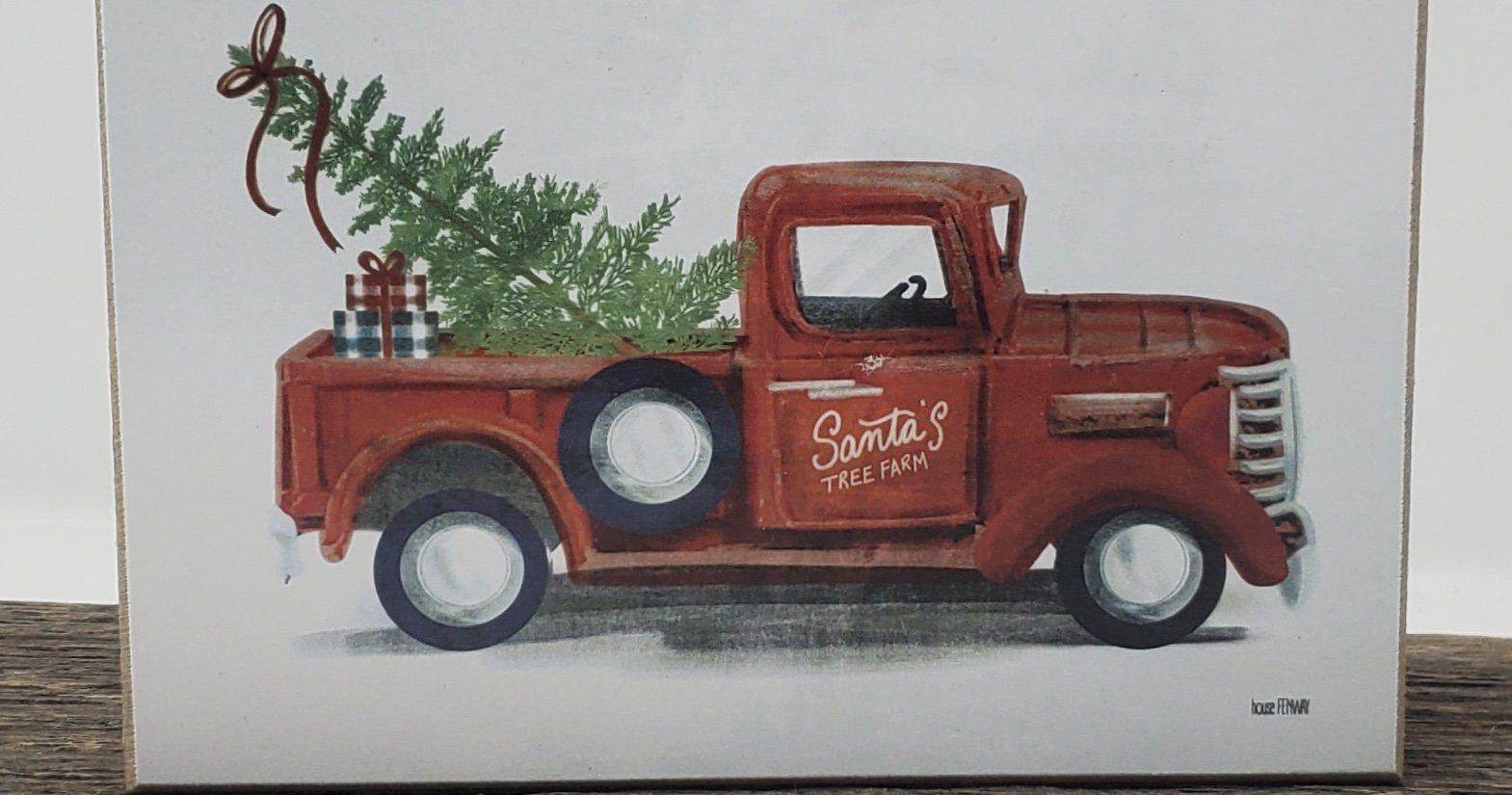 Red Christmas Truck Santa's Tree Farm Block Sign - A Rustic Feeling