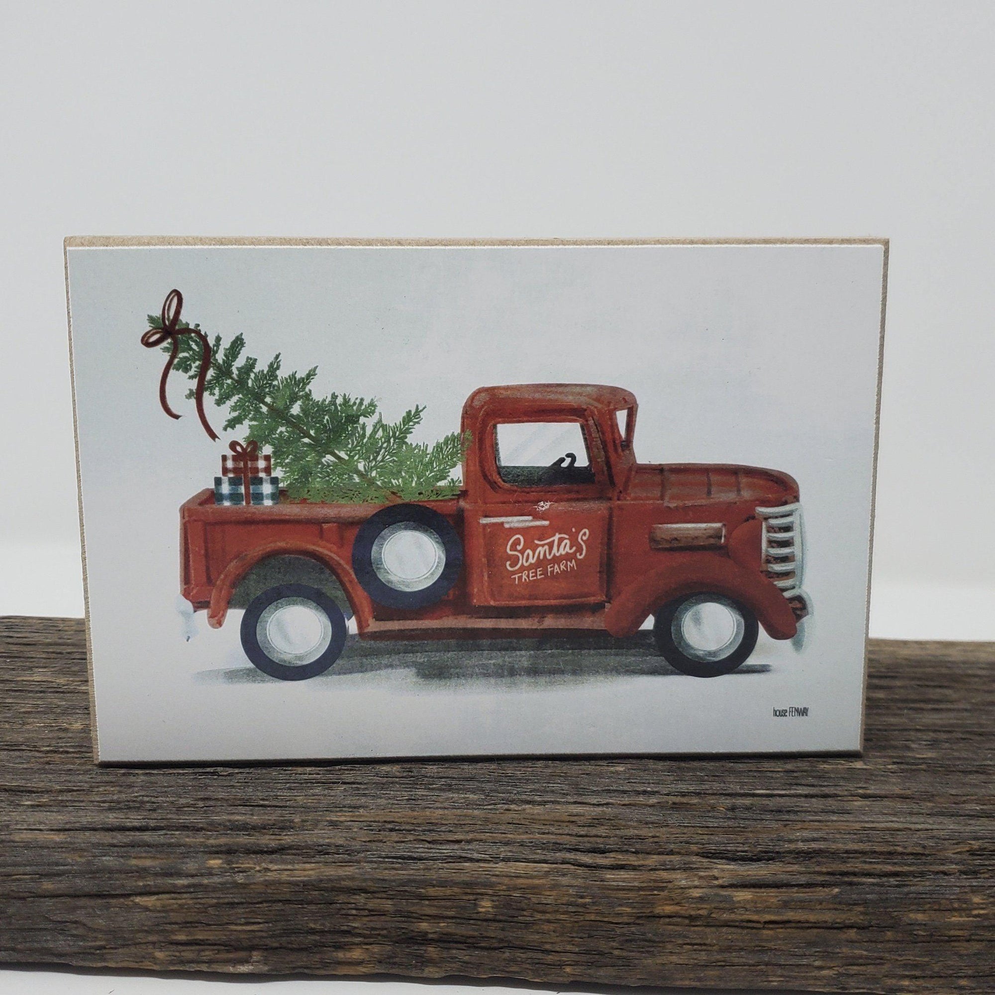 Red Christmas Truck Santa's Tree Farm Block Sign - A Rustic Feeling