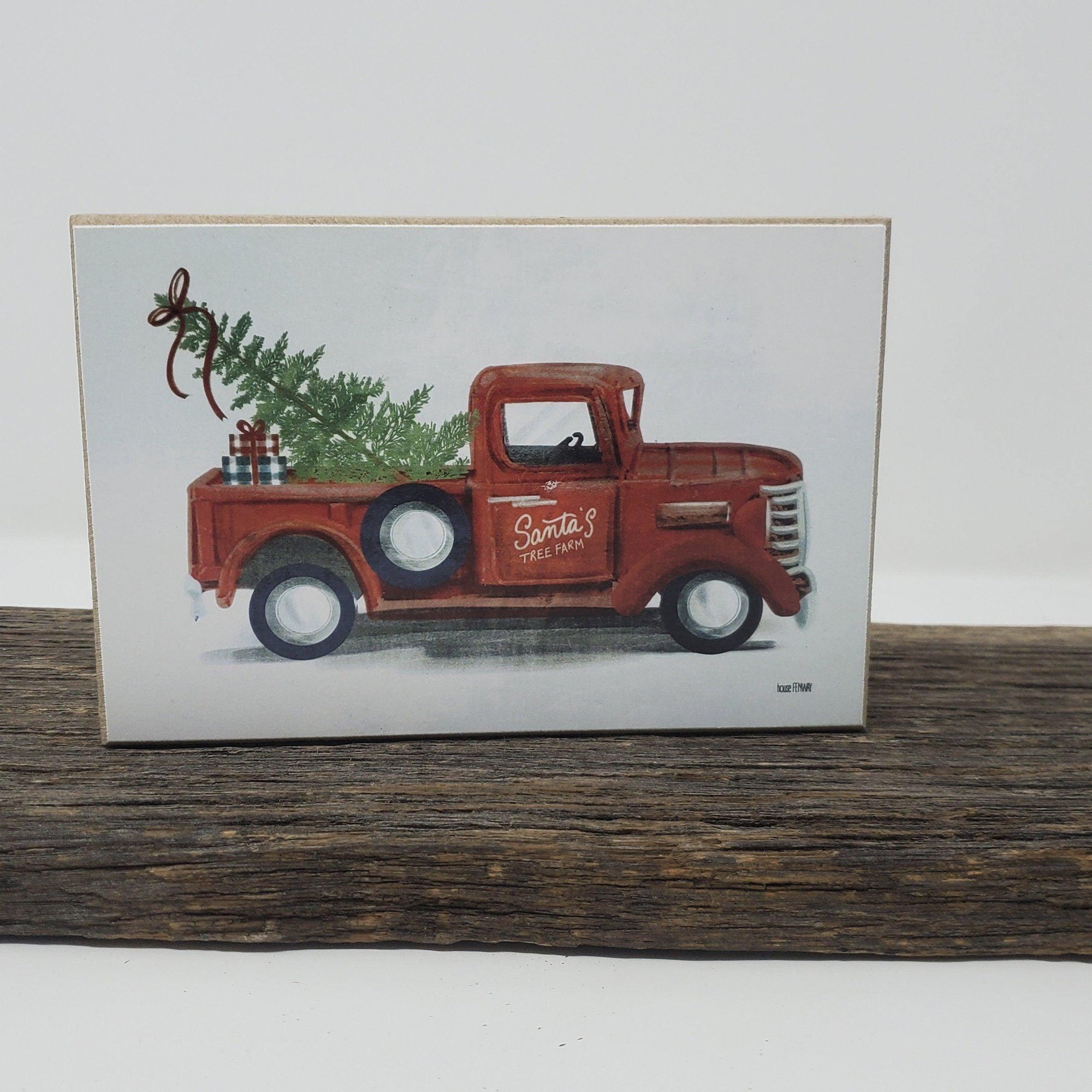 Red Christmas Truck Santa's Tree Farm Block Sign - A Rustic Feeling