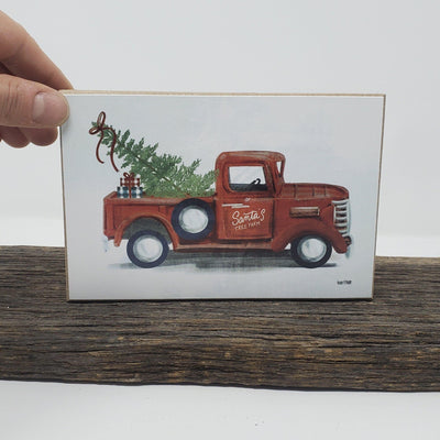 Red Christmas Truck Santa's Tree Farm Block Sign - A Rustic Feeling