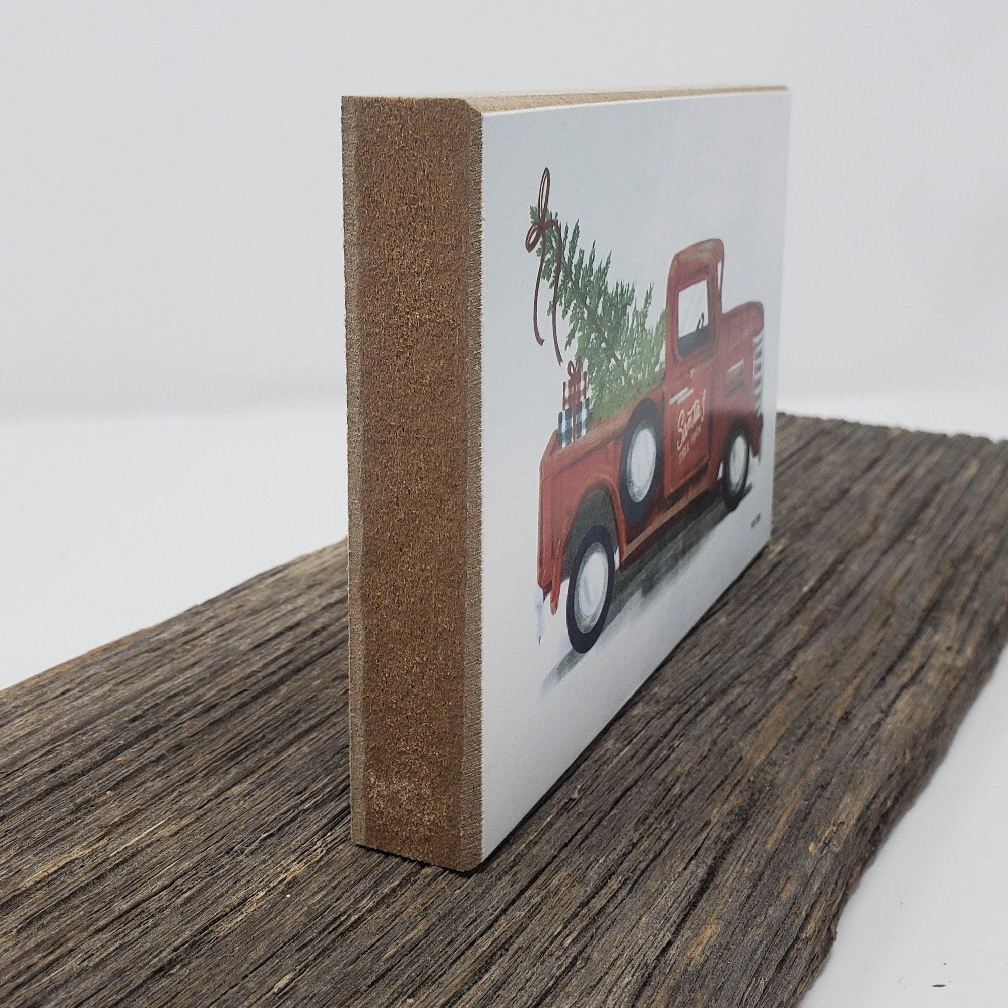 Red Christmas Truck Santa's Tree Farm Block Sign - A Rustic Feeling
