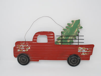 Vintage Red Truck Sign with Christmas Tree - A Rustic Feeling