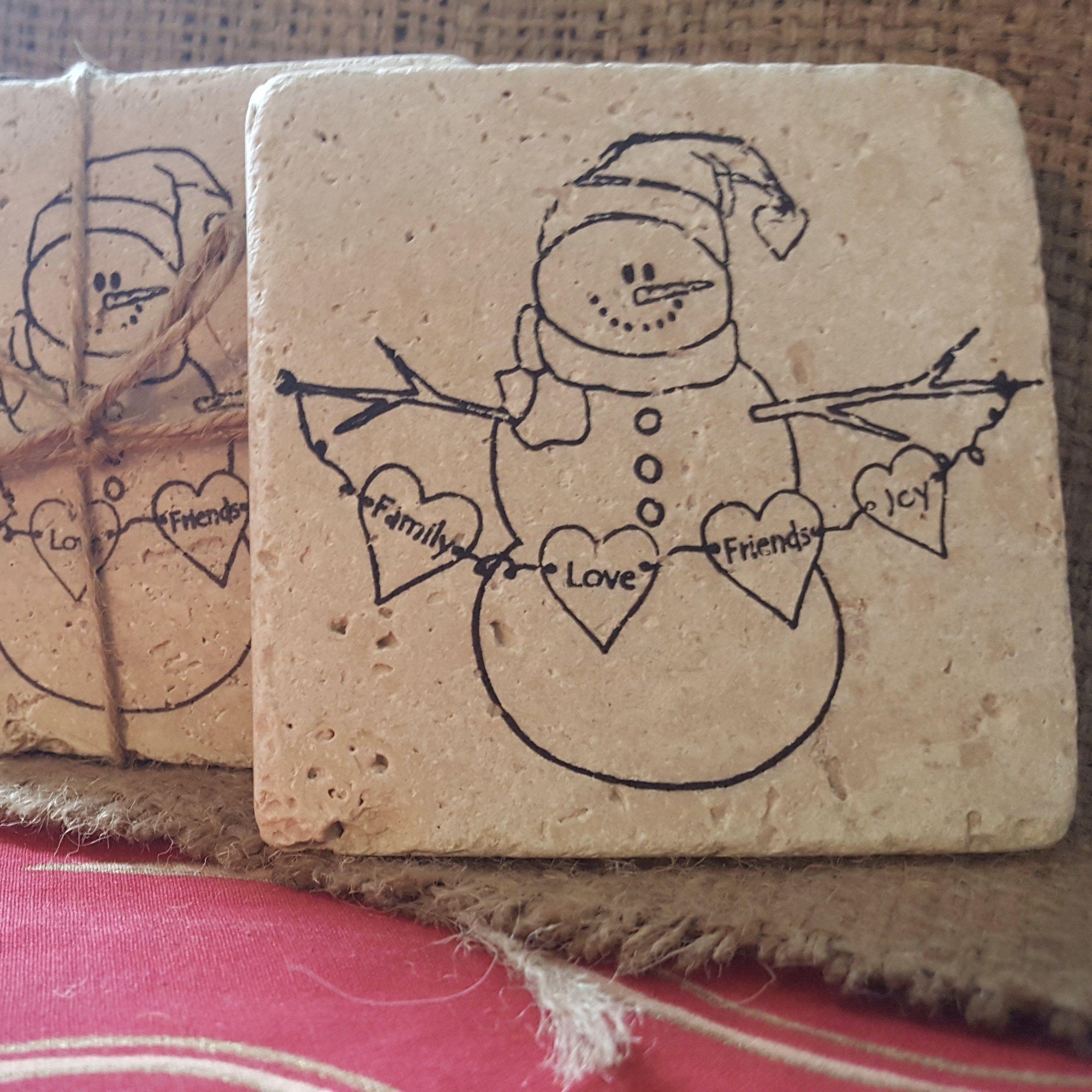 Snowman Coasters with Family Love Friends Joy Banner - A Rustic Feeling