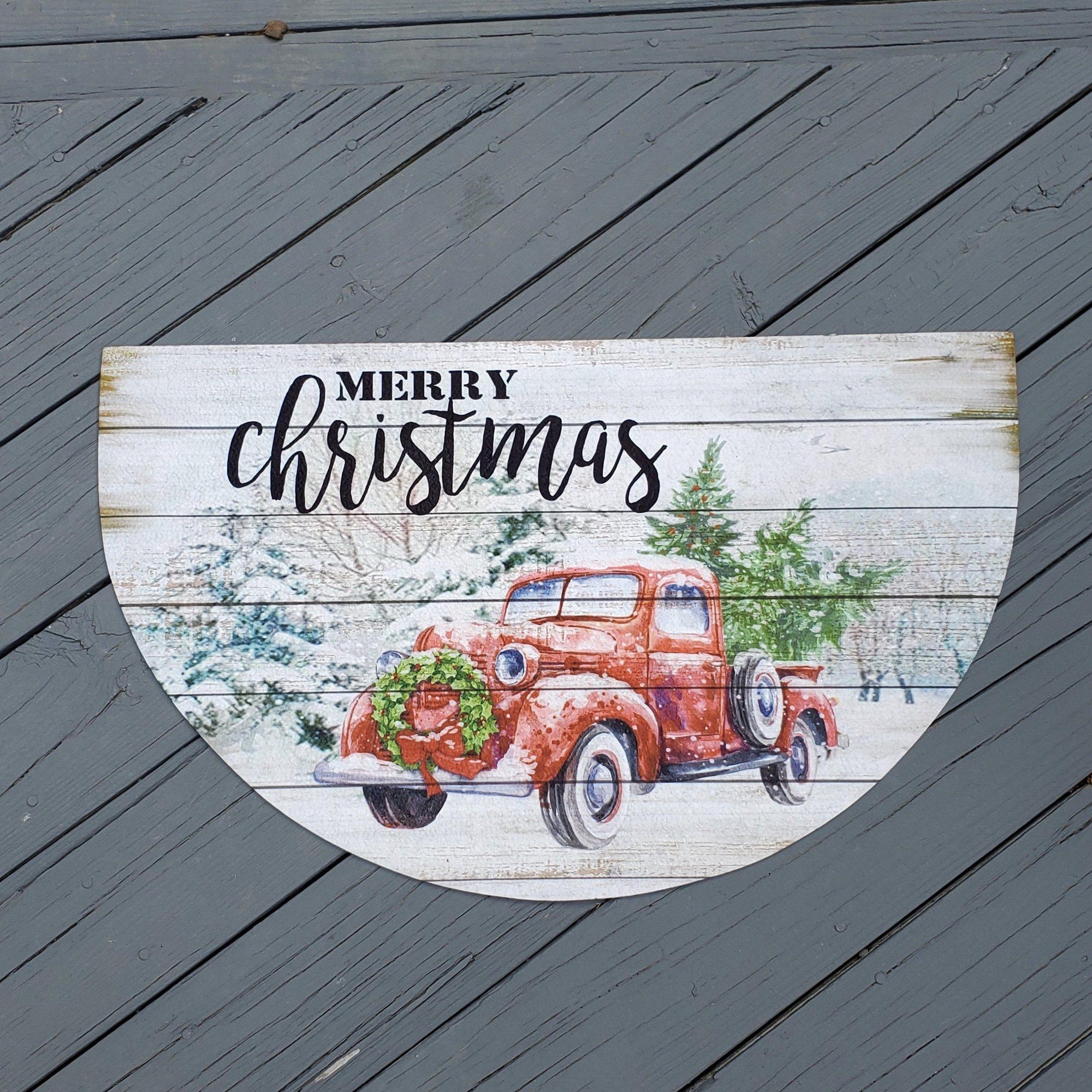 Red Vintage Truck Merry Christmas Welcome Mat - A Rustic Feeling