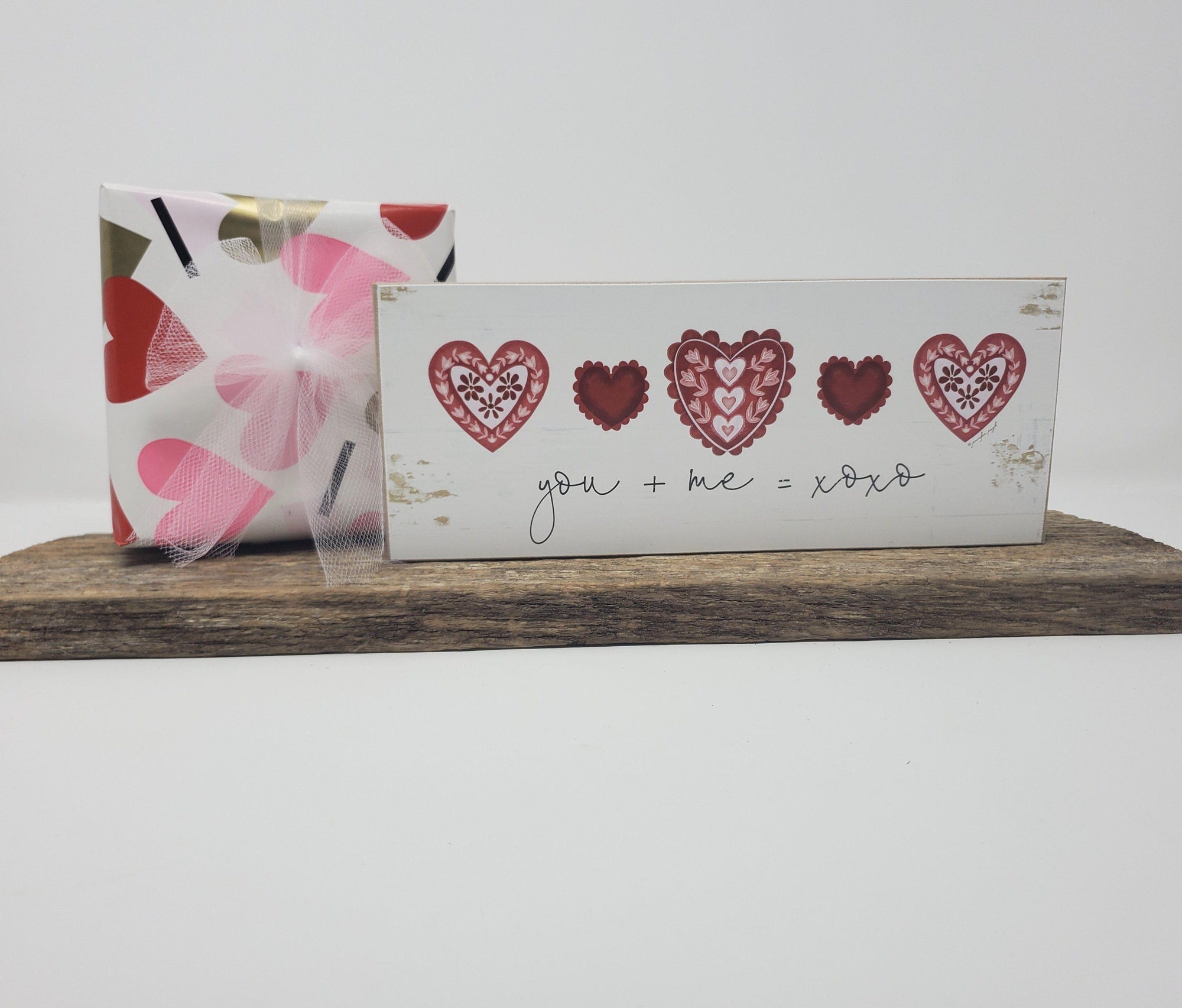 You + Me with Hearts Block Sign - A Rustic Feeling