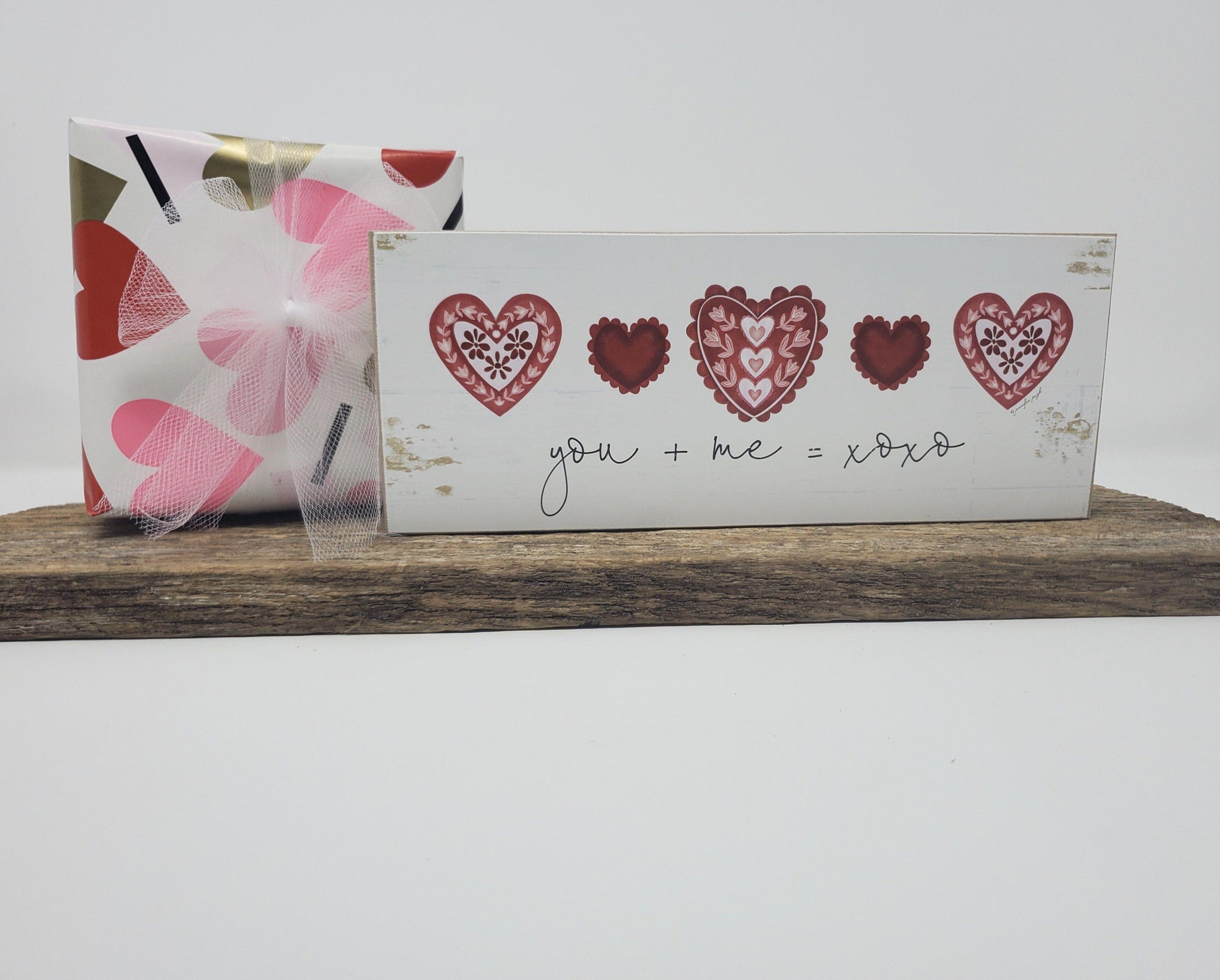 You + Me with Hearts Block Sign - A Rustic Feeling
